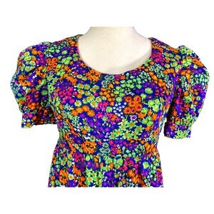 Vintage 70s Psychedelic Floral Maxi Dress Purple Orange Green Empire Waist Boho
